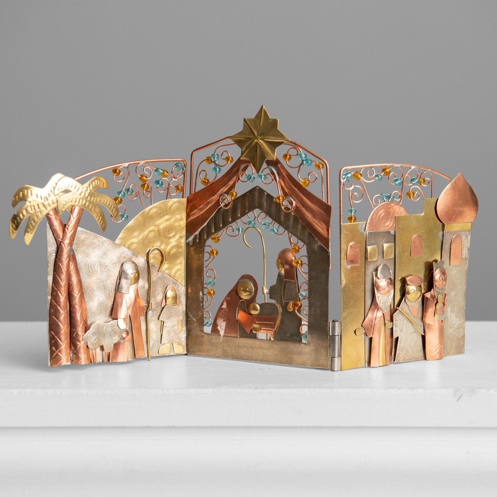 Metal Folding Nativity Scene Copper Brass Beaded Folk Art Decor Xmas Creche Art